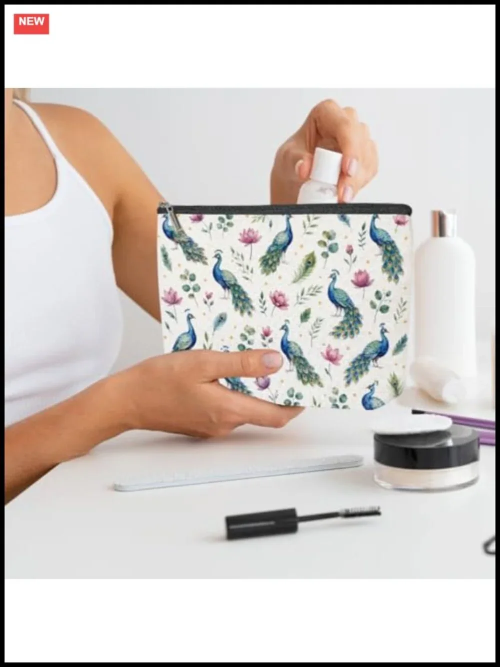 Large Capacity Cotton Linen Makeup Bag with Zipper Travel Toiletry Organizer